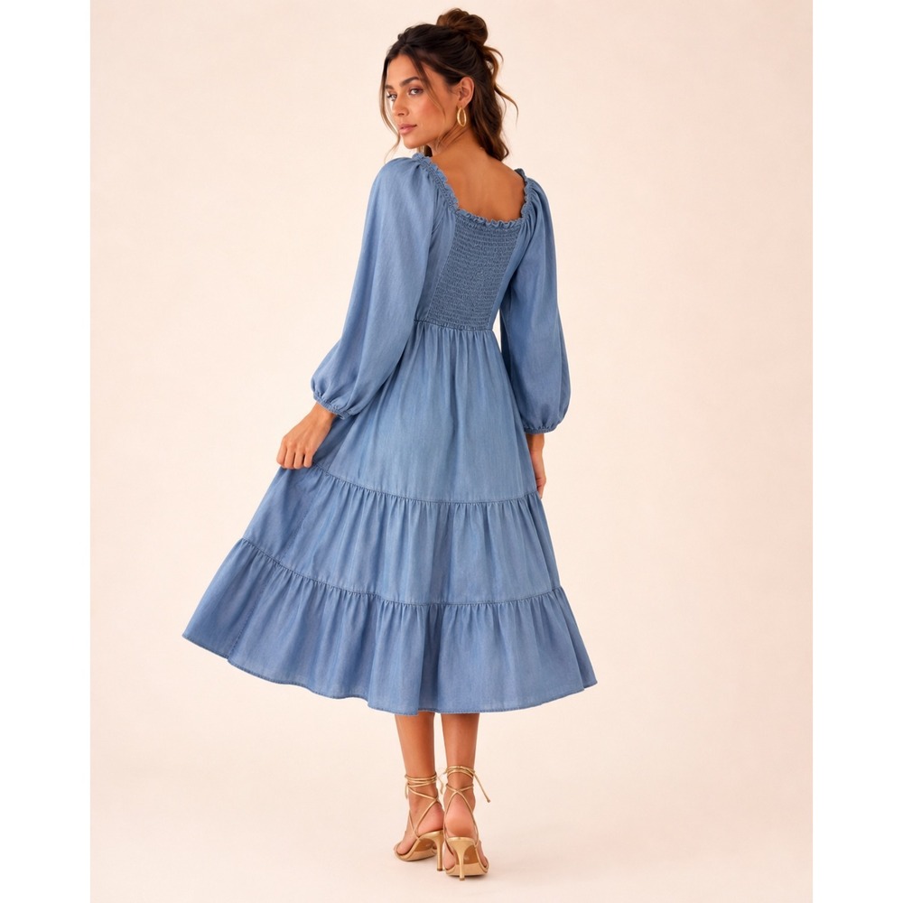 Beachlunchlounge Tiered Midi Dress Womens Small Blue Excellent Smocked Lyocell